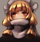  1girl bangs blonde_hair blunt_bangs blunt_ends covered_mouth grey_background okame_nin original portrait red_eyes simple_background solo 