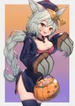  1girl :d animal_ear_fluff animal_ears bangs black_dress black_legwear blush braid breasts brown_eyes candy candy_cane claw_(weapon) cleavage dress erune fang food granblue_fantasy grey_hair hair_between_eyes halloween_basket hat highres holding jiangshi_costume lollipop long_hair long_sleeves medium_breasts ofuda open_mouth qing_guanmao red_headwear sen_(granblue_fantasy) single_braid sleeves_past_fingers sleeves_past_wrists smile solo thighhighs uneg very_long_hair weapon 