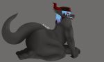  absurd_res anthro big_penis black_body blue_hair butt cracky45 dragon erection genitals hair headgear hi_res looking_at_viewer male nude penis red_eyes scalie simple_background solo 