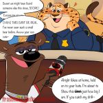  &lt;3 1:1 anthro benjamin_clawhauser cheetah disney duo english_text felid feline hi_res interview male male/male mammal microphone overweight overweight_male police text trashtoonz ursid zootopia 