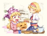  2girls :d alice_margatroid american_flag_dress apron blonde_hair blue_dress bow bowl brick_oven calcmis_gowa capelet closed_eyes clownpiece commentary_request dress eyebrows_visible_through_hair fire food hair_bow hairband hat holding holding_food jack-o&#039;-lantern jester_cap lolita_hairband long_hair long_sleeves looking_to_the_side multiple_girls neckerchief open_mouth outstretched_arms pie polka_dot_headwear purple_headwear red_eyes red_neckwear sash shanghai_doll short_hair smile smoke spread_arms standing table touhou unfinished upper_body very_long_hair waist_apron white_capelet white_sleeves 