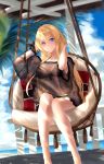  1girl adjusting_hair azur_lane beach bikini bismarck_(azur_lane) black_bikini blonde_hair blue_eyes blue_sky blush breasts cloud collarbone day highres large_breasts long_hair looking_at_viewer mior ocean palm_tree see-through sitting sky smile solo swimsuit swing tree 