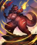  anthro areola belly big_breasts big_nipples black_hair breasts broken_horn curvy_figure dragon ear_piercing elemental_manipulation female fire fire_manipulation genitals hair hair_over_eye hi_res holding_object horn huge_breasts long_hair multicolored_body navel navel_piercing nipples nude ocaritna one_eye_obstructed overweight overweight_anthro overweight_female piercing puffy_nipples pussy red_body scar skarlett_cynder slightly_chubby solo staff thick_thighs two_tone_body voluptuous wide_hips yellow_eyes 