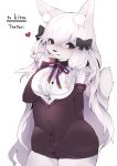  &lt;3 accessory anthro biped black_clothing black_eyes black_nose blush breasts canid canine cleavage clothed clothing english_text female fully_clothed fur hair hair_accessory hair_bow hair_ribbon hi_res inner_ear_fluff kemono long_hair looking_at_viewer mammal medium_breasts monotone_body monotone_fur monotone_hair pawpads pink_pawpads ribbons shirt simple_background small_wings smile solo standing tenyati text topwear tuft white_background white_body white_clothing white_fur white_hair white_shirt white_topwear wide_hips wings 