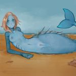  1:1 anus beach blue_body blue_eyes blue_skin breasts female fin fish_tail genitals gills hair hand_on_hip humanoid looking_at_viewer lumira_(portals_of_phereon) marine membrane_(anatomy) merfolk navel portals_of_phereon pussy reclining seaside small_breasts small_waist solo syvaron webbed_hands white_hair 