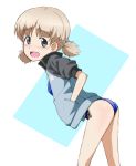  1girl aki_(girls_und_panzer) ass bangs bikini blue_bikini blue_jacket blush breasts commentary eyebrows_visible_through_hair from_side girls_und_panzer green_eyes hair_tie hands_in_pockets jacket kayabakoro keizoku_military_uniform leaning_forward light_brown_hair looking_at_viewer low_twintails open_clothes open_jacket open_mouth short_hair short_twintails side-tie_bikini small_breasts smile solo swimsuit twintails 