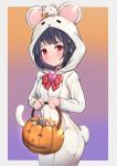  1girl animal animal_costume animal_ears animal_on_head bangs black_hair blush bow braid breasts candy candy_cane cheese closed_mouth cowboy_shot eating fake_animal_ears fake_tail food granblue_fantasy hair_ornament halloween_basket heart highres holding holding_food lollipop long_sleeves looking_at_viewer mouse on_head red_bow red_eyes small_breasts smile solo standing tail uneg vikala_(granblue_fantasy) 