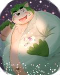  2020 absurd_res anthro belly blush candy canid canine canis clothing domestic_dog food fur green_body green_fur hi_res kemono kwzu live-a-hero male mammal mokdai overweight overweight_anthro overweight_male shirt solo tongue tongue_out topwear video_games 