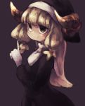  1girl black_dress blonde_hair brown_background brown_eyes closed_mouth demon_horns dress gloves habit hand_up highres horns long_hair long_sleeves nun okame_nin original simple_background smile solo urushia_(okame_nin) veil white_gloves 