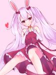  1girl animal_ears azur_lane bare_shoulders birthday bow box bunny_ears choker dress elbow_gloves fake_animal_ears feet_out_of_frame gift gift_box gloves hair_between_eyes hair_bow highres hirosha laffey_(azur_lane) long_hair parted_lips pink_background red_bow red_choker red_dress red_eyes ribbon simple_background solo strapless strapless_dress thighs twintails waist_bow white_gloves white_hair 