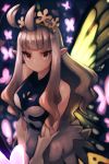  1girl anne_(bravely_second) antenna_hair bare_shoulders bravely_default_(series) bravely_second:_end_layer brown_eyes butterfly_wings closed_mouth cowboy_shot crown gloves grey_hair highres jitome long_hair looking_at_viewer okame_nin pointy_ears solo white_gloves wings 