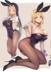  2girls adapted_costume animal_ears bangs bare_shoulders blonde_hair blush bow bowtie breasts brown_legwear bunny_ears bunny_girl bunny_tail capelet cleavage detached_collar flying_sweatdrops gloves habit huge_breasts kagami_uekusa leotard long_hair looking_at_viewer multiple_girls nijisanji pantyhose parted_bangs playboy_bunny simple_background sister_cleaire smile strapless strapless_leotard tail virtual_youtuber white_capelet white_gloves yellow_eyes 