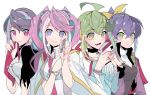  4girls bracelet bracelet_girls choker collar_up cosplay costume_switch eyebrows_visible_through_hair gradient_eyes green_hair grey_hair hair_between_eyes highres hiiragi_yuzu holding holding_jewelry holding_necklace jacket jacket_on_shoulders jewelry kurosaki_ruri looking_at_viewer multicolored multicolored_eyes multiple_girls necklace open_mouth pendant pink_hair purple_hair rin_(yu-gi-oh!) sakaki_yuuya sakaki_yuuya_(cosplay) serena_(yu-gi-oh!) tasutekete torn_clothes white_background yu-gi-oh! yu-gi-oh!_arc-v yuugo_(yu-gi-oh!) yuugo_(yu-gi-oh!)_(cosplay) yuuri_(yu-gi-oh!) yuuri_(yu-gi-oh!)_(cosplay) yuuto_(yu-gi-oh!) yuuto_(yu-gi-oh!)_(cosplay) 