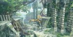  1other armor blue_sky brown_cape cape cloud faulds gauntlets helmet highres horned_helmet knight moss original ruins scenery shichigatsu sky solo stairs standing sword tree weapon 