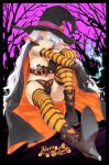  1girl absurdres blush cape elbow_gloves english_text gloves green_eyes halloween happoubi_jin happy_halloween hat high_heels highres long_hair looking_at_viewer magic original pointy_ears sitting solo striped striped_legwear thighhighs white_hair witch_hat 