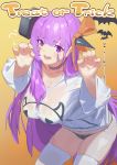  1girl absurdres bangs bb_(fate)_(all) bb_(fate/extra_ccc) blush bolt breasts claw_pose cleavage collarbone facial_mark fate/extra fate/extra_ccc fate_(series) flying_sweatdrops hair_ribbon halloween highres large_breasts long_hair looking_at_viewer nox13 open_mouth orange_ribbon purple_eyes purple_hair ribbon shirt thighhighs thighs very_long_hair white_shirt 