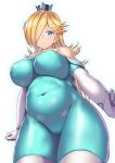  1girl adapted_costume bare_shoulders belly blue_eyes bodysuit bracelet breasts crown earrings elbow_gloves gloves hair_over_one_eye impossible_clothes jewelry large_breasts long_hair mario_(series) nagase_haruhito navel plump rosalina simple_background skin_tight solo super_mario_bros. white_background white_gloves 