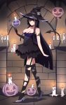  1girl black_gloves black_hair blush breasts candle candlelight closed_mouth costume embarrassed glass_(tate_no_yuusha_no_nariagari) gloves halloween halloween_costume hat highres long_hair pumpkin red_eyes solo standing stefv tate_no_yuusha_no_nariagari very_long_hair witch witch_hat 