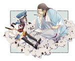  1boy 1girl black_hair blue_headwear brown_hair doll facial_hair fate/grand_order fate_(series) goatee hair_over_one_eye hinoya holding holding_doll japanese_clothes kimono long_hair long_sleeves mole mole_under_eye sandals serizawa_kamo_(fate) sideburns skull straight_hair white_kimono wide_sleeves xu_fu_(fate) 