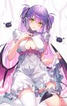  1girl absurdres bangs barefoot black_ribbon blush breasts cleavage_cutout closed_mouth clothing_cutout demon_tail demon_wings eyebrows_visible_through_hair green_eyes hair_ornament hair_ribbon highres hololive kakage large_breasts leg_garter long_hair looking_at_viewer low_wings pointy_ears purple_hair ribbon short_sleeves single_thighhigh solo tail thighhighs tokoyami_towa twintails virtual_youtuber white_legwear wings 