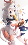  1girl :3 absurdres animal_ear_fluff animal_ears animal_ears_(artist) bangs blue_eyes cat_ears cat_tail dress fang fang_out food genshin_impact hair_flaps hair_ornament hairclip halo highres holding holding_food long_hair long_sleeves looking_at_viewer paimon_(genshin_impact) revision simple_background single_thighhigh smile solo star_(symbol) tail thighhighs white_hair white_legwear 