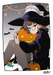  1girl bat black_cape black_eyes black_headwear black_legwear brown_hair candy cape eyebrows_visible_through_hair food fujinoki_(horonabe-ken) glasses green_nails halloween halloween_costume hat jack-o&#039;-lantern kantai_collection nail_polish pantyhose pince-nez pumpkin roma_(kantai_collection) short_hair signature simple_background sitting solo star_(symbol) witch_hat 