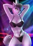  anthro bikini breasts canid canine canis clothed clothing detailed_background female fluffy fluffy_tail fur green_eyes grey_hair hair heterochromia hi_res mammal open_mouth partially_clothed pole raynadkins solo stripper stripper_pole swimwear tattoo white_body white_fur wolf yellow_eyes 