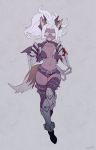  1girl animal_ears artist_name breasts chain claws clenched_teeth collarbone dark_skin full_body grey_background helltaker highres horns judgement_(helltaker) kemonomimi_mode large_breasts looking_at_viewer navel noaharbre ponytail short_hair simple_background solo tail teeth white_eyes white_hair 