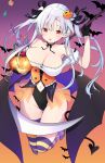  1girl bat bat_wings blonde_hair blush breasts fang food_themed_hair_ornament gloves groin hair_ornament hair_ribbon hairclip highres holding jack-o&#039;-lantern leotard long_hair looking_at_viewer navel open_mouth original pointy_ears pumpkin_hair_ornament red_eyes ribbon silver_hair solo thighhighs thighs two_side_up uro vampire wings 