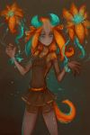  belt blue_eyes breasts circle_eyebrows clothed clothing demon eyebrows female flower glowing grey_body grey_skin hair horn humanoid looking_at_viewer not_furry orange_hair plant portals_of_phereon pseudo_hair small_breasts smile solo standing summoning syvaron tentacle_hair tentacle_tail tentacles 
