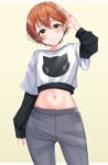  1girl absurdres arm_up birthday black_shirt cowboy_shot crop_top grey_pants grin highres hoshizora_rin long_sleeves looking_at_viewer love_live! love_live!_school_idol_project midriff navel orange_hair pants parted_lips rama_(yu-light8) shirt short_hair short_over_long_sleeves short_sleeves simple_background smile solo standing stomach undershirt white_shirt yellow_background yellow_eyes 