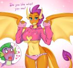  &lt;3 absurd_res anthro big_breasts blush breasts clothing dialogue dragon english_text female friendship_is_magic hasbro hi_res hoodie horn kaikururu male membrane_(anatomy) membranous_wings my_little_pony navel open_mouth panties smolder_(mlp) spike_(mlp) text topwear under_boob underwear wings 