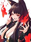  1girl :d akagi_(azur_lane) animal_ears azur_lane bangs black_hair breasts brown_hair cleavage costume_request eyebrows_visible_through_hair fang finger_to_face fingerless_gloves fingernails fox_ears fox_tail gloves hair_ornament highres japanese_clothes kimono large_breasts long_fingernails long_hair looking_at_viewer mikan_(chipstar182) open_mouth red_eyes sidelocks simple_background smile tail teeth white_background wide_sleeves 