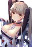  1girl absurdres azur_lane between_breasts breasts cleavage collarbone commentary_request formidable_(azur_lane) highres large_breasts long_hair looking_at_viewer red_eyes silver_hair simple_background solo twintails white_background yuteke_key 