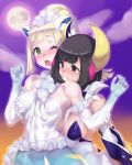  2girls ;o alolan_form alolan_vulpix alolan_vulpix_(cosplay) alternate_costume animal_ears arm_grab bare_shoulders biting blood blush breast_grab breasts brown_hair commentary_request cosplay covered_nipples crescent_moon detached_sleeves dress elbow_gloves fox_ears fur-trimmed_dress fur_trim gen_3_pokemon gen_7_pokemon gloves grabbing grabbing_from_behind groping halloween_costume highres kemonomimi_mode large_breasts legendary_pokemon lillie_(pokemon) long_hair long_sleeves lunala lunala_(cosplay) lunatone mizuumi_(bb) moon multicolored_hair multiple_girls nose_blush one_eye_closed open_mouth pink_hair pokemon pokemon_(game) pokemon_sm ponytail purple_sky selene_(pokemon) short_hair silver_eyes small_breasts streaked_hair tareme upper_body vampire white_dress white_gloves wide_sleeves yuri 