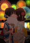  2girls aerial_fireworks black_hair blue_flower blush brown_hair commentary_request eye_contact fan fence fireworks floral_print flower hair_flower hair_ornament highres holding holding_fan imminent_kiss japanese_clothes kimono long_sleeves looking_at_another multiple_girls night night_sky obi original outdoors paper_fan parted_lips print_kimono profile red_flower reflection sash sheepd signature silhouette sky uchiwa water white_kimono wide_sleeves yellow_eyes yukata yuri 