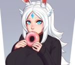  1girl animal_ear_fluff animal_ears black_sweater blue_eyes breasts bunny_ears copyright_request doughnut eating fingernails food forehead_jewel grey_background hair_flaps holding holding_food huge_breasts long_sleeves looking_at_viewer razalor solo sweater symbol_commentary upper_body white_hair 