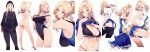  1girl arm_up armpits ass bangs bare_shoulders blonde_hair blue_eyes blush breasts cheerleader cleavage competition_swimsuit highres hood hoodie large_breasts long_hair looking_at_viewer mikoto_akemi multiple_views navel nude one-piece_swimsuit original pants parted_bangs pleated_skirt pom_poms ponytail shirt shirt_lift skirt smile solo sports_bra sportswear stomach swimsuit thighs two_side_up undressing 