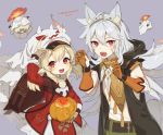  1boy 1girl ahoge animal_ear_fluff animal_ears backpack bag bandaged_arm bandages bangs blonde_hair blush brown_gloves claw_pose facial_scar fake_animal_ears fangs genshin_impact gloves grey_background grey_hair halloween halloween_costume hat highres jack-o&#039;-lantern klee_(genshin_impact) long_hair long_sleeves orange_gloves partially_fingerless_gloves pointy_ears pumpkin razor_(genshin_impact) red_eyes scar simple_background wolf_ears yu-ri 