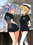  2girls annin_musou black_shirt blonde_hair blue_eyes blue_hair blush clothes_writing eyebrows_visible_through_hair feet_out_of_frame glasses hair_between_eyes hat i-19_(kantai_collection) i-8_(kantai_collection) kantai_collection long_hair multiple_girls open_mouth peaked_cap red-framed_eyewear red_eyes shirt short_sleeves smile thighhighs tri_tails white_headwear white_legwear 