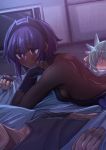  021_shiro 1boy 3girls absurdres aqua_hair black_gloves black_hairband black_leotard breasts commentary_request dark_skin dragon_girl dragon_horns fate/grand_order fate_(series) fingerless_gloves fujimaru_ritsuka_(male) gloves hairband hassan_of_serenity_(fate) highres horns huge_filesize indoors kiyohime_(fate/grand_order) leotard lying minamoto_no_raikou_(fate/grand_order) multiple_girls multiple_horns nib_pen_(medium) on_back on_bed on_stomach purple_eyes purple_hair purple_nails sleeping small_breasts traditional_media yellow_eyes 