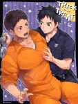  2boys bara black_hair blush brown_hair bulge chest cuffs grabbing halloween halloween_costume handcuffs highres male_focus multiple_boys muscle original pectoral_grab pectoral_press police police_uniform prison_clothes prisoner short_hair thighs torakichi_(ebitendon) trick_or_treat uniform yaoi 