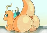  anthro anus balls big_butt blush blush_stickers butt dragonite genitals hi_res looking_back male nintendo pok&eacute;mon pok&eacute;mon_(species) raised_tail sharkysocks small_wings solo video_games wet wings 