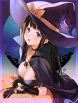  1boy 1girl bangs black_hair breasts cape chibi chitanda_eru cleavage green_eyes hat highres hyouka looking_at_viewer looking_to_the_side mery_(yangmalgage) open_mouth oreki_houtarou purple_eyes witch_costume witch_hat 