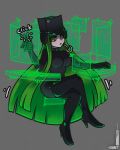  1girl black_bodysuit black_headwear black_sclera bodysuit breasts full_body green_eyes green_hair grey_background hat high_heels highres hologram lips loen-lapae long_hair looking_at_viewer onomatopoeia original simple_background sitting solo thighhighs typing very_long_hair xbox_series_x xbox_series_x_(personification) 