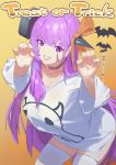  1girl absurdres bangs bat bb_(fate)_(all) bb_(fate/extra_ccc) blush bolt breasts claw_pose cleavage collarbone facial_mark fate/extra fate/extra_ccc fate_(series) grin hair_ribbon halloween highres large_breasts long_hair looking_at_viewer nox13 orange_ribbon purple_eyes purple_hair ribbon shirt smile thighhighs thighs very_long_hair white_shirt 