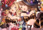  2girls arm_warmers bangs beatrix_(granblue_fantasy) bikini bikini_top black_gloves blonde_hair blue_eyes breasts candy candy_cane cleavage commentary_request eyebrows_visible_through_hair feb_itk food ghost gloves granblue_fantasy hairband halloween halloween_costume happy_halloween hat licking light_brown_eyes light_brown_hair lollipop medium_breasts medium_hair multiple_girls open_mouth parted_bangs pumpkin striped striped_bikini striped_legwear swimsuit tongue tongue_out twintails witch_hat zeta_(granblue_fantasy) 