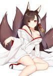  1girl absurdres akagi_(azur_lane) akagi_(deep_crimson_poppy)_(azur_lane) animal_ears azur_lane breasts commentary_request eyebrows_visible_through_hair fox_ears fox_tail hair_ornament highres japanese_clothes kimono large_breasts legs long_hair looking_at_viewer multiple_tails red_eyes simple_background sitting solo tabi tail tming white_background white_kimono wide_sleeves 