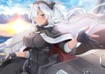  absurdres black_nails blue_sky dark_skin dated glasses gloves grey_jacket hair_between_eyes headgear highres jacket kantai_collection looking_at_viewer musashi_(kantai_collection) one_eye_covered partially_fingerless_gloves pointy_hair reaching_out red_eyes remodel_(kantai_collection) sakuramon semi-rimless_eyewear silver-framed_eyewear sky sunrise water_drop yunamaro 