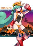  1girl adjusting_clothes adjusting_headwear android blue_eyes breasts cleavage cropped_jacket demon_girl demon_wings green_hair halloween hat highres large_breasts long_hair looking_at_viewer marino navel origami15_xza ponytail pumpkin robot_ears rockman rockman_x rockman_x_dive smile solo succubus wings 